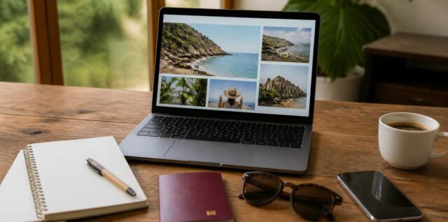 Reiziger vergelijkt vakanties op een laptop met reisnotities en paspoort op tafel