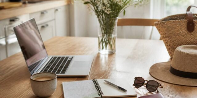Reisplanning op tafel met laptop, notitieboekje en paspoorten