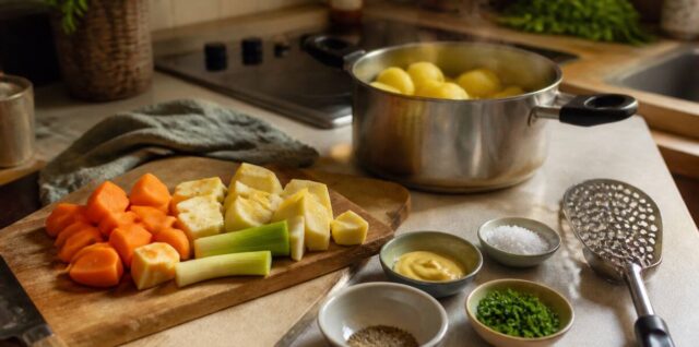 Ingrediënten en keukengerei klaarzetten voor het maken van stamppot
