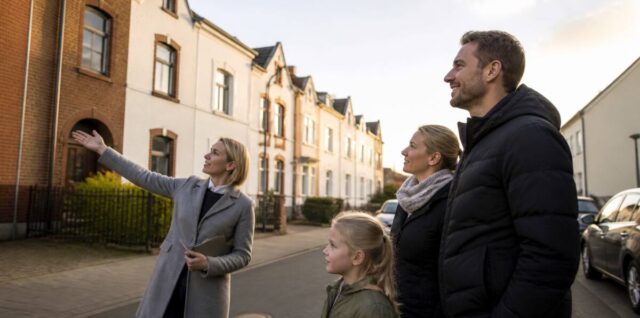 Gezin met makelaar voor een woning tijdens een bezichtiging in Duitsland