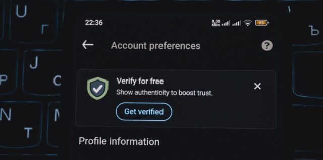 Account preferences screen with verification prompt