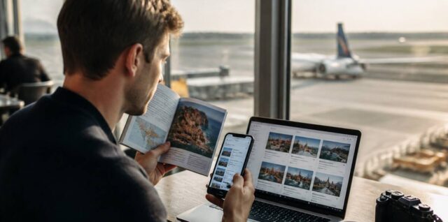Iemand vergelijkt reisopties met reisgids en smartphone tijdens het plannen van een vakantie