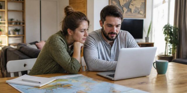 Vakantie vergelijken aan een laptop met wereldkaart en notitieblok