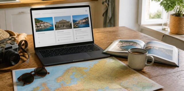 Reizen en vakanties vergelijken op een laptop met reisgids en kaart