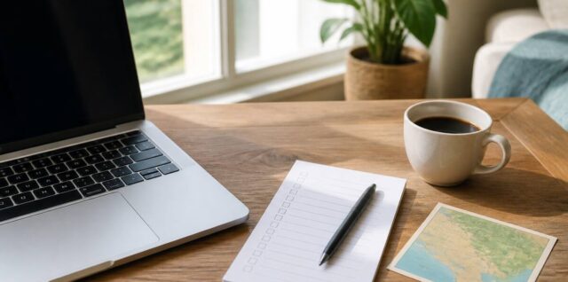 Vakantie-checklist op bureau met laptop en reisoverzicht zonder tekst