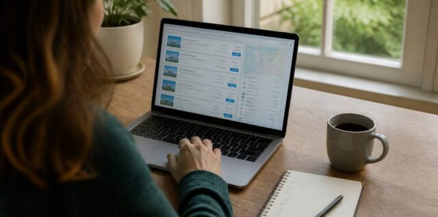 Iemand vergelijkt vakanties op laptop met een notitieboekje met vinkjes