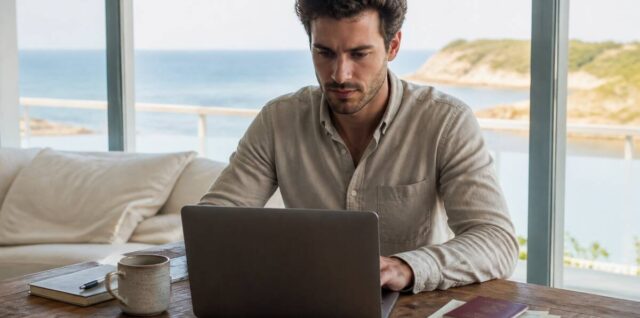 Persoon bekijkt reisopties op een laptop met reisdocumenten op tafel