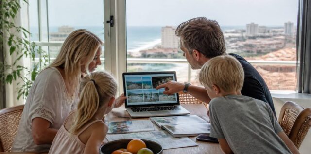 Gezin met laptop en reisnotities bij het vergelijken van vakanties