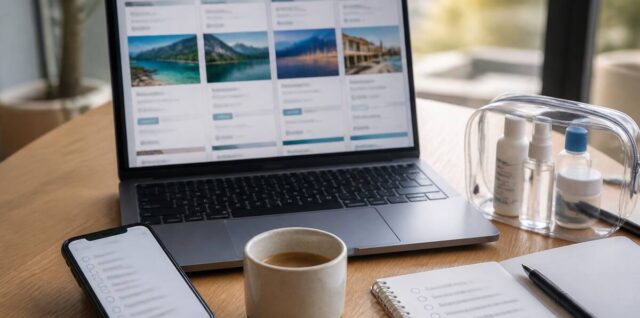 Een persoon maakt een reisvergelijking met laptop en smartphone checklist