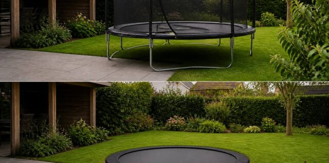 Vergelijking tussen opbouw en inground trampoline in een tuin met focus op plaatsing en ondergrond