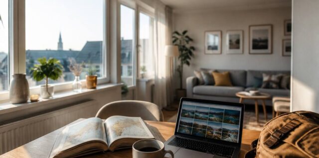 Een checklist in de praktijk: reisplannen op tafel met een open reisgids en laptop